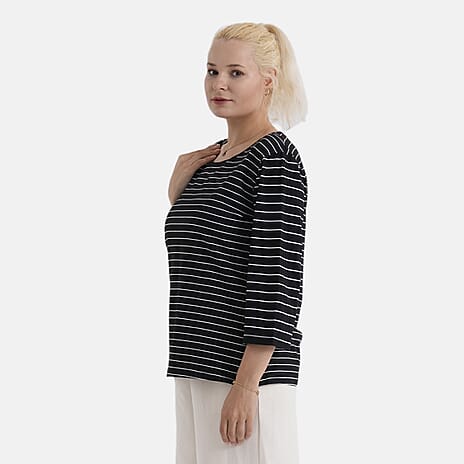 - Maisi Set Of 2 Quarter-Sleeve Cotton Tops (Size XL, Fit 20 To 22) - Black - Striped