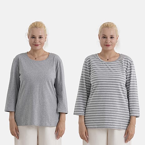 - Maisi Set Of 2 Quarter-Sleeve Cotton Tops (Size S, Fit 8 To 10) - Grey - Striped