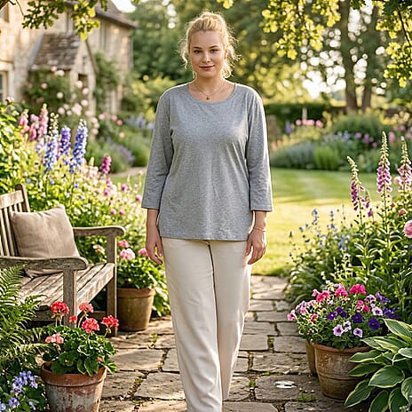 - Maisi Set Of 2 Quarter-Sleeve Cotton Tops (Size M, Fit 12 To 14) - Grey - Striped