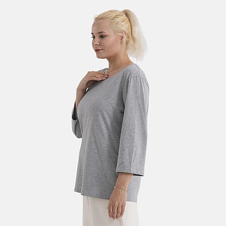 - Maisi Set Of 2 Quarter-Sleeve Cotton Tops (Size M, Fit 12 To 14) - Grey - Striped