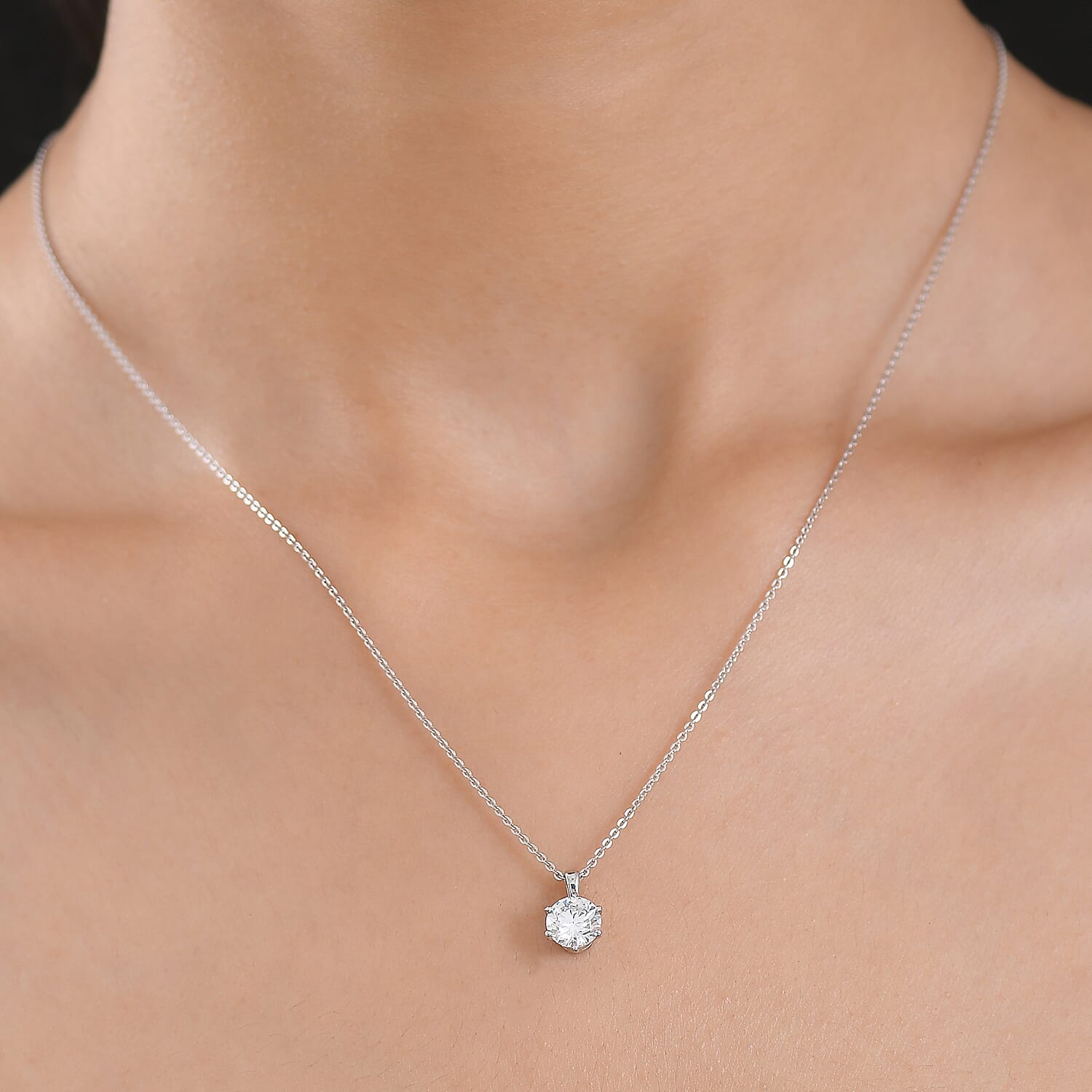 Luxuriant Lab Grown Diamond (SI-GH) Solitaire Pendant with Chain (Size 20) in Rhodium Overlay Sterling Silver 1.00 Ct.