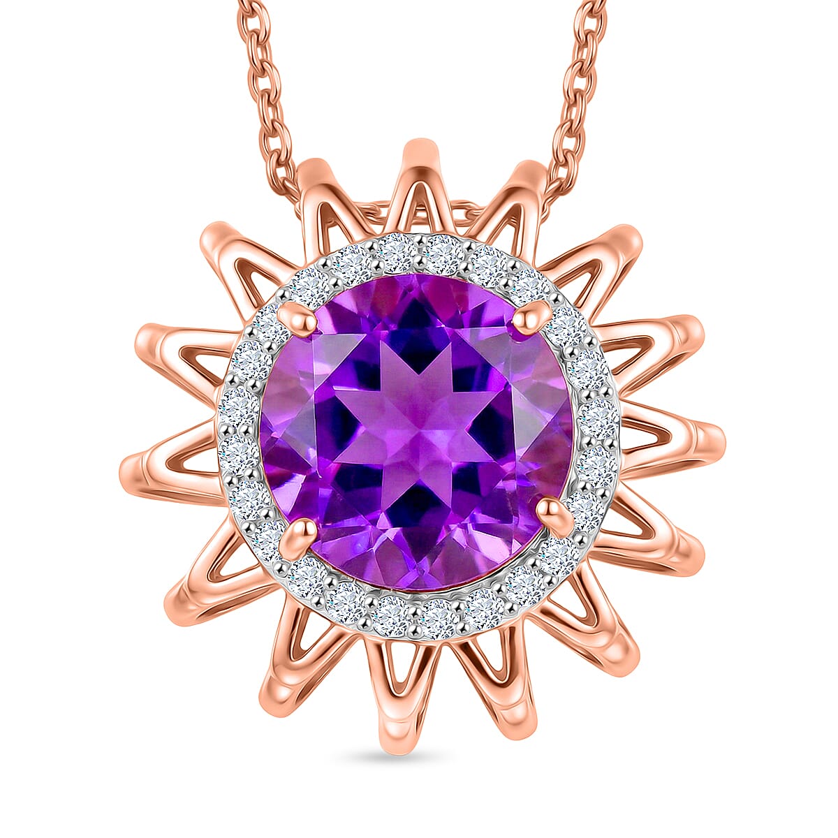 D'Joy AAA Rose De France Amethyst & White Zircon Sunburst Pendant with Chain (Size 20) in Rose Gold Plated Sterling Silver 2.88 Ct.
