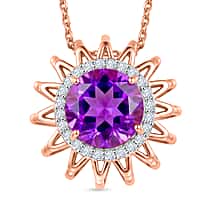 D'Joy AAA Rose De France Amethyst & White Zircon Sunburst Pendant with Chain (Size 20) in Rose Gold Plated Sterling Silver 2.88 Ct.