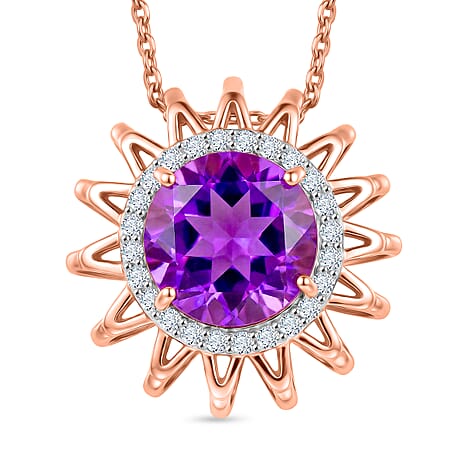 D'Joy AAA Rose De France Amethyst & White Zircon Sunburst Pendant with Chain (Size 20) in Rose Gold Plated Sterling Silver 2.88 Ct.