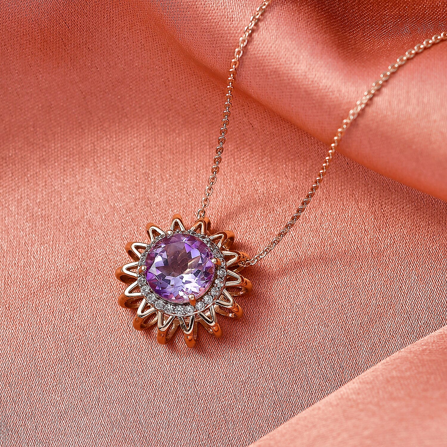 D'Joy AAA Rose De France Amethyst & White Zircon Sunburst Pendant with Chain (Size 20) in Rose Gold Plated Sterling Silver 2.88 Ct.