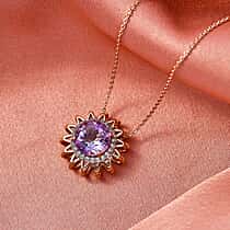D'Joy AAA Rose De France Amethyst & White Zircon Sunburst Pendant with Chain (Size 20) in Rose Gold Plated Sterling Silver 2.88 Ct.
