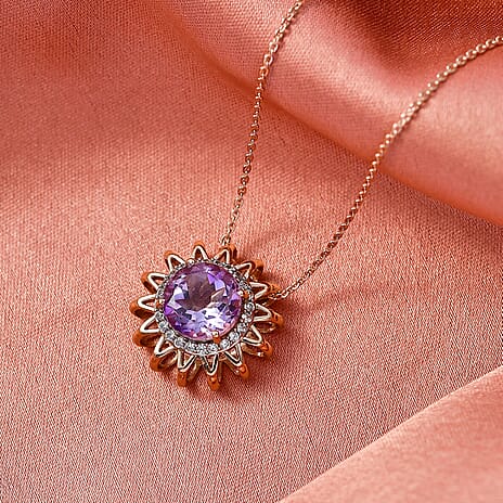 D'Joy AAA Rose De France Amethyst & White Zircon Sunburst Pendant with Chain (Size 20) in Rose Gold Plated Sterling Silver 2.88 Ct.