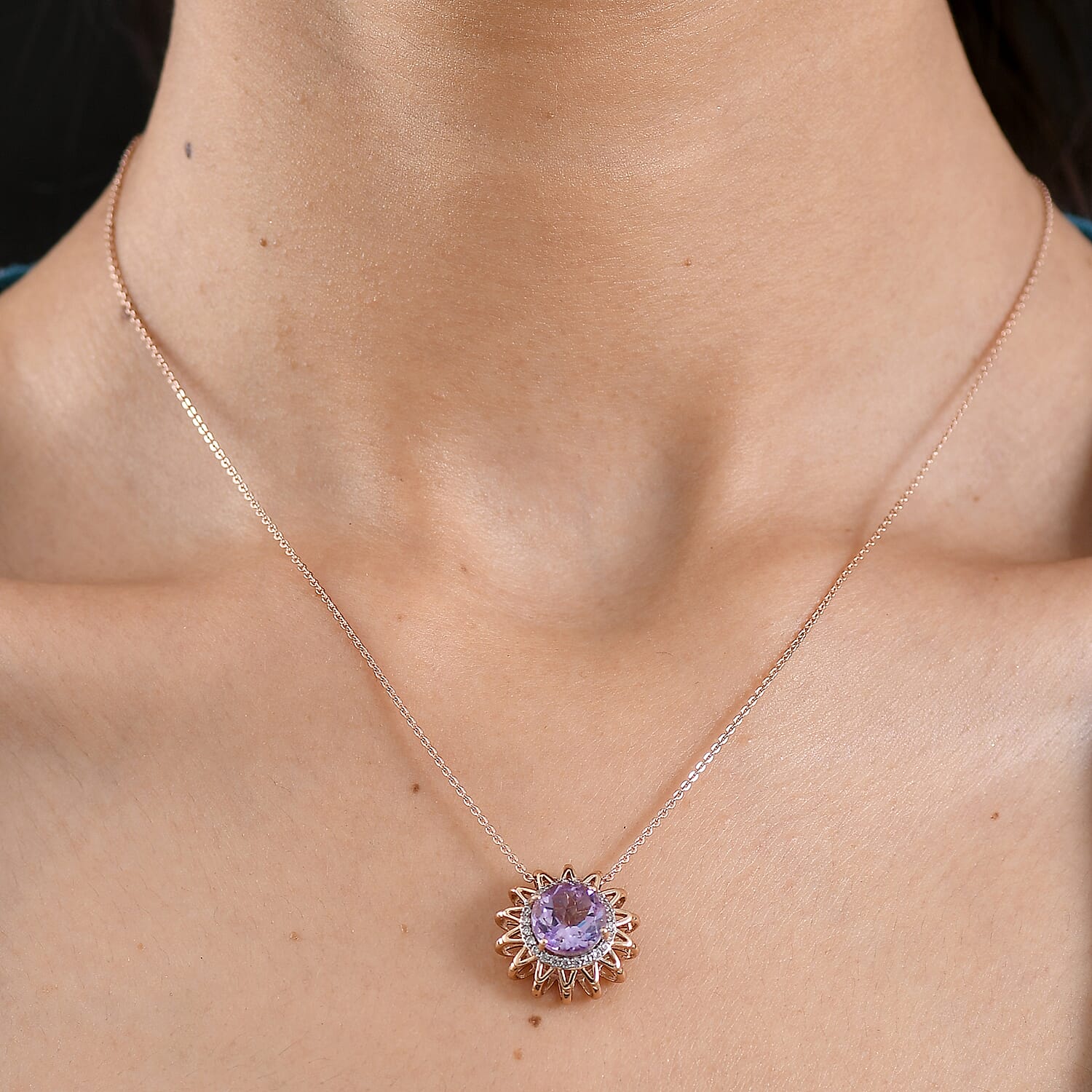 D'Joy AAA Rose De France Amethyst & White Zircon Sunburst Pendant with Chain (Size 20) in Rose Gold Plated Sterling Silver 2.88 Ct.