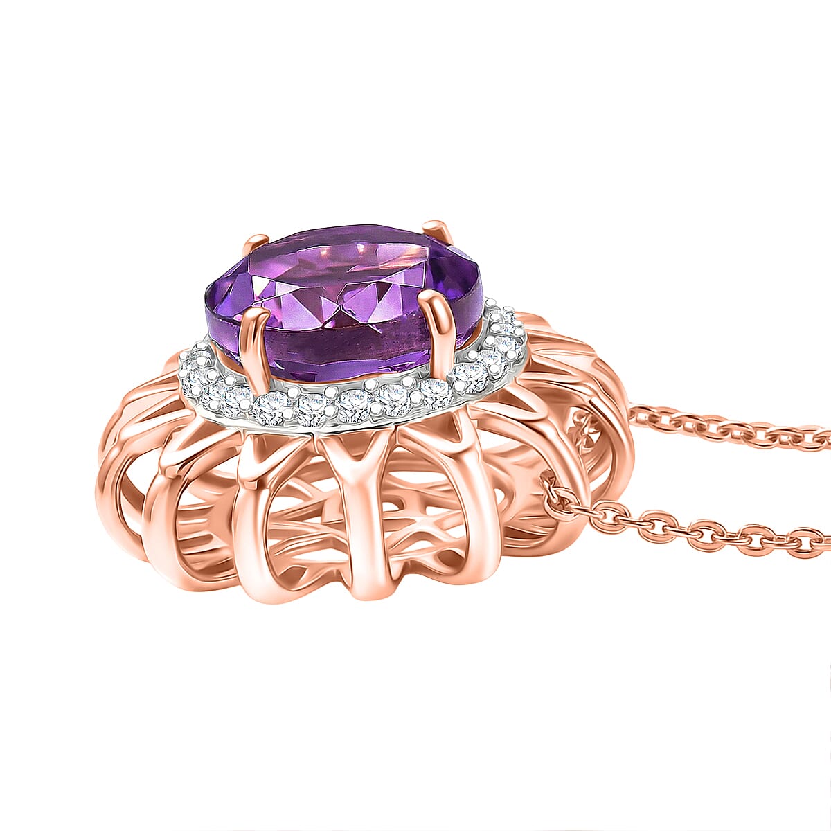 D'Joy AAA Rose De France Amethyst & White Zircon Sunburst Pendant with Chain (Size 20) in Rose Gold Plated Sterling Silver 2.88 Ct.