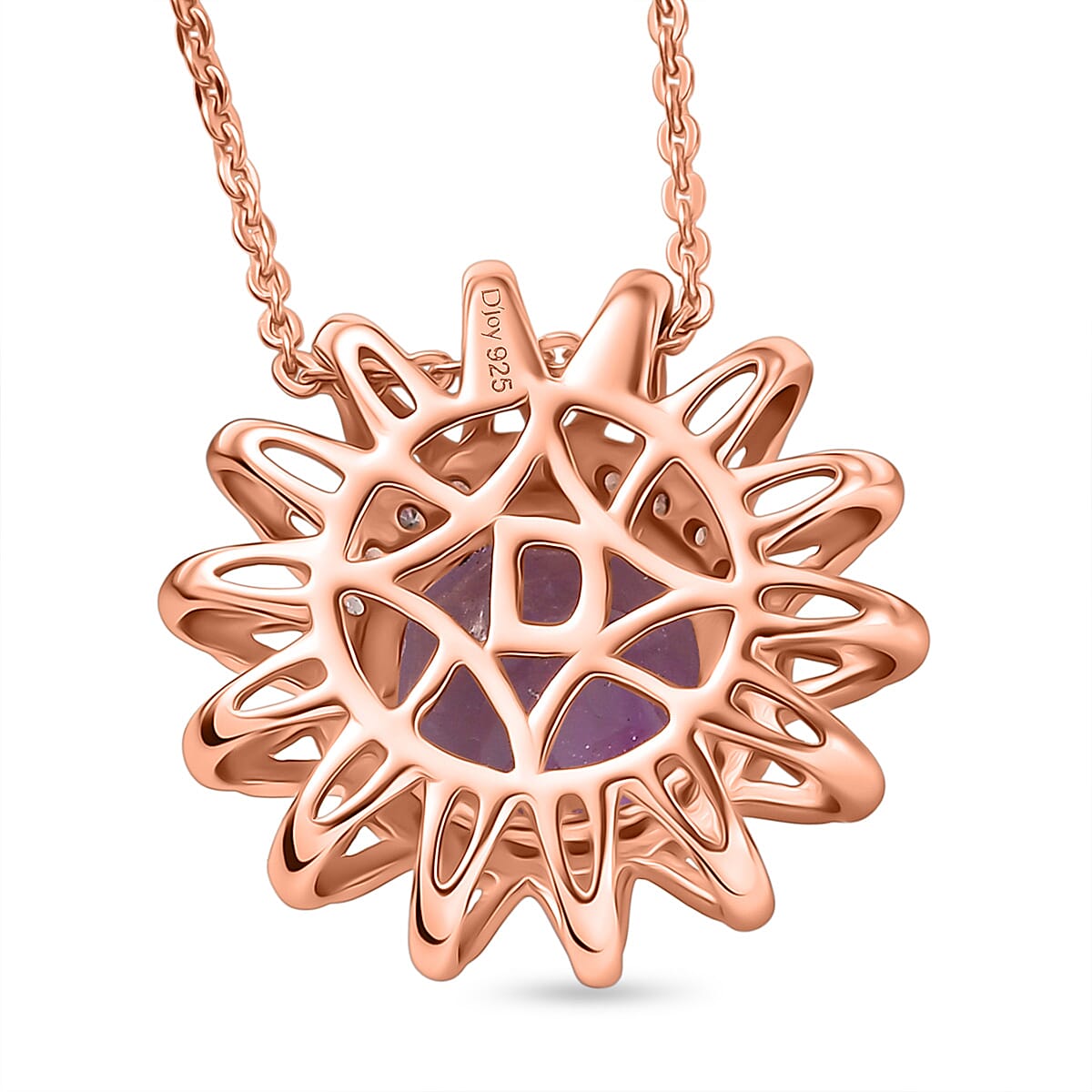 D'Joy AAA Rose De France Amethyst & White Zircon Sunburst Pendant with Chain (Size 20) in Rose Gold Plated Sterling Silver 2.88 Ct.