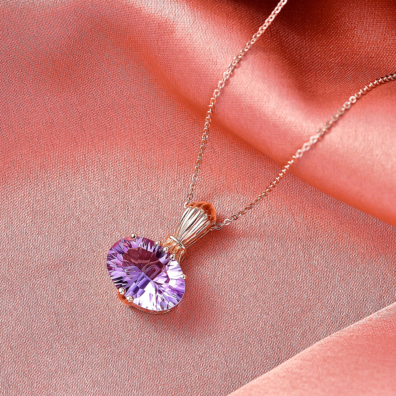 D'Joy AAA Rose De France Amethyst Solitaire Pendant with Torn Chain (Size 20) in 18K Vermeil Rose Gold Plated Sterling Silver 5.22 Ct.