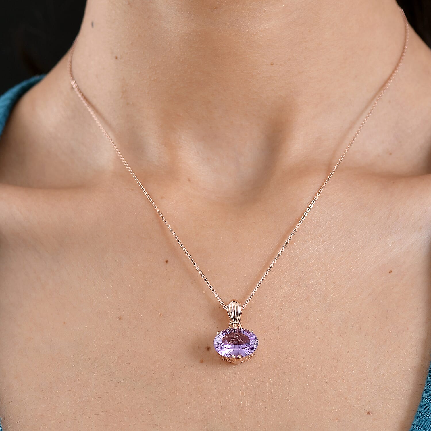 D'Joy AAA Rose De France Amethyst Solitaire Pendant with Torn Chain (Size 20) in 18K Vermeil Rose Gold Plated Sterling Silver 5.22 Ct.