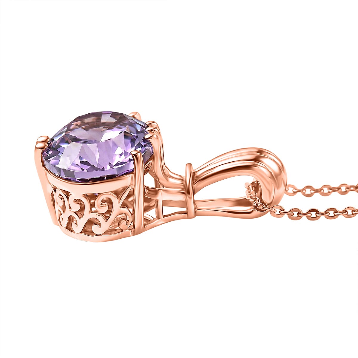 D'Joy AAA Rose De France Amethyst Solitaire Pendant with Torn Chain (Size 20) in 18K Vermeil Rose Gold Plated Sterling Silver 5.22 Ct.