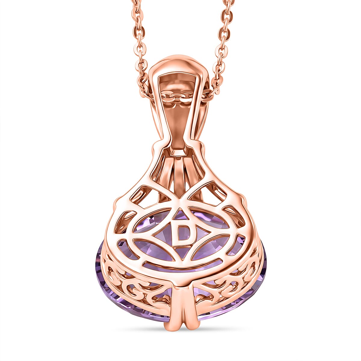 D'Joy AAA Rose De France Amethyst Solitaire Pendant with Torn Chain (Size 20) in 18K Vermeil Rose Gold Plated Sterling Silver 5.22 Ct.