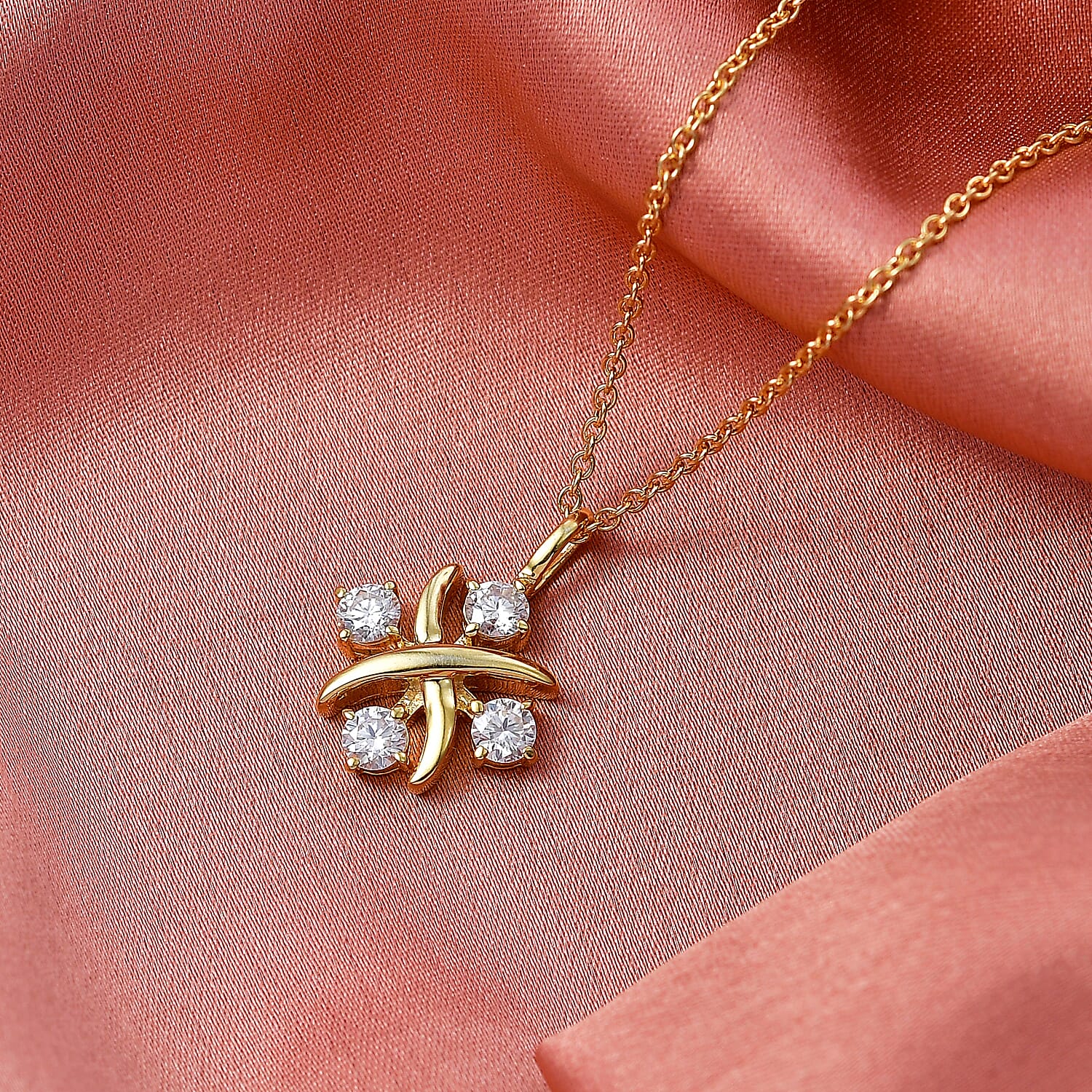 D'Joy Moissanite Crisscross Cluster Pendant with Chain (Size 20) in Yellow Gold Tone 1.00 Ct.