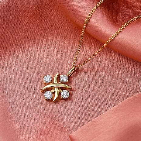 D'Joy Moissanite Crisscross Cluster Pendant with Chain (Size 20) in Yellow Gold Tone 1.00 Ct.