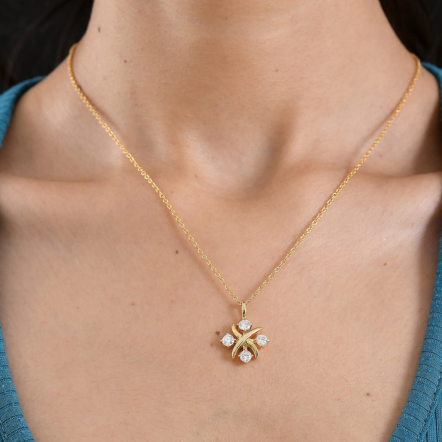 D'Joy Moissanite Crisscross Cluster Pendant with Chain (Size 20) in Yellow Gold Tone 1.00 Ct.