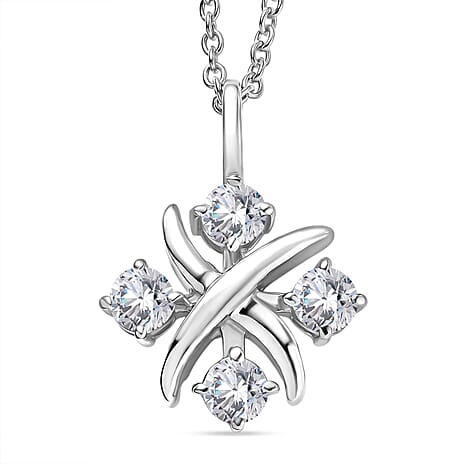 Moissanite Platinum Overlay Crisscross Cluster Pendant with Chain (Size 20) 1.00 Ct.