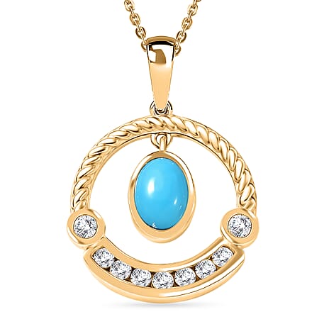 D'Joy Sleeping Beauty Turquoise & White Zircon Pendant with Chain (Size 20) in Yellow Gold Plated Sterling Silver 1.31 Ct.