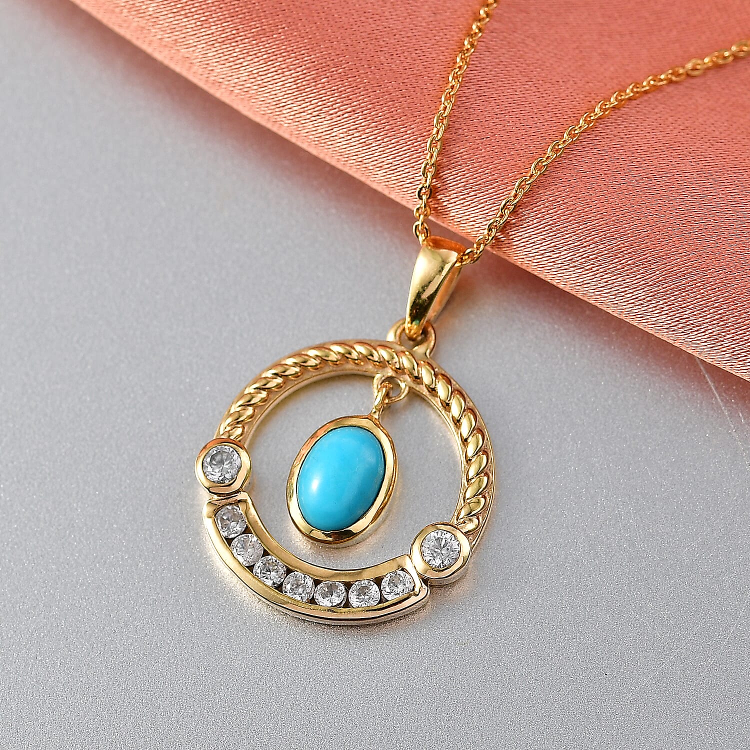 D'Joy Sleeping Beauty Turquoise & White Zircon Pendant with Chain (Size 20) in Yellow Gold Plated Sterling Silver 1.31 Ct.