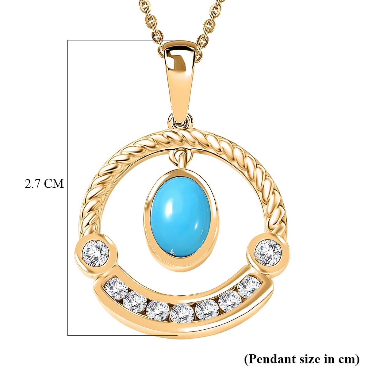 D'Joy Sleeping Beauty Turquoise & White Zircon Pendant with Chain (Size 20) in Yellow Gold Plated Sterling Silver 1.31 Ct.