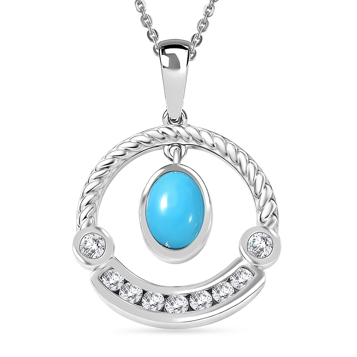 D'Joy Sleeping Beauty Turquoise & White Zircon Pendant with Chain (Size 20) in Platinum Overlay Sterling Silver 1.42 Ct.