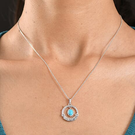 D'Joy Sleeping Beauty Turquoise & White Zircon Pendant with Torn Chain (Size 20) in Platinum Overlay Sterling Silver 1.42 Ct.