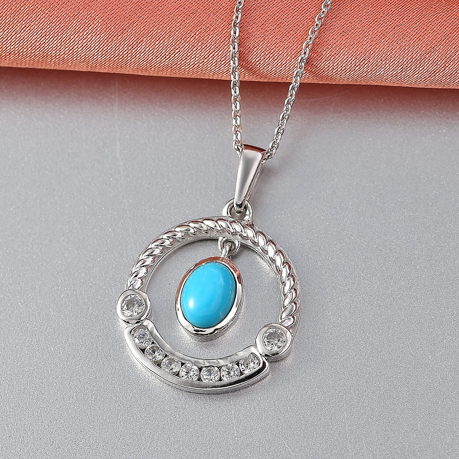 D'Joy Sleeping Beauty Turquoise & White Zircon Pendant with Chain (Size 20) in Platinum Overlay Sterling Silver 1.42 Ct.