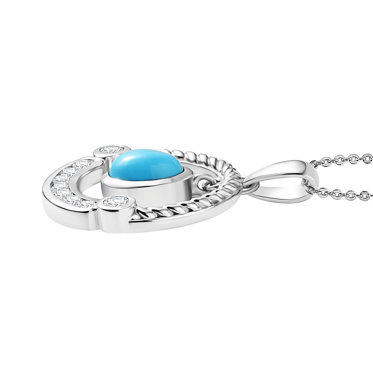 D'Joy Sleeping Beauty Turquoise & White Zircon Pendant with Chain (Size 20) in Platinum Overlay Sterling Silver 1.42 Ct.