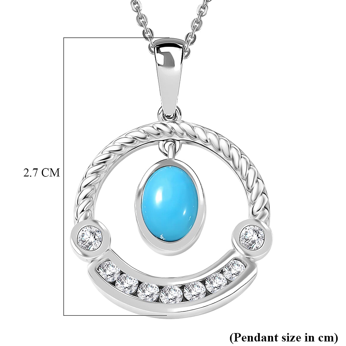 D'Joy Sleeping Beauty Turquoise & White Zircon Pendant with Chain (Size 20) in Platinum Overlay Sterling Silver 1.42 Ct.