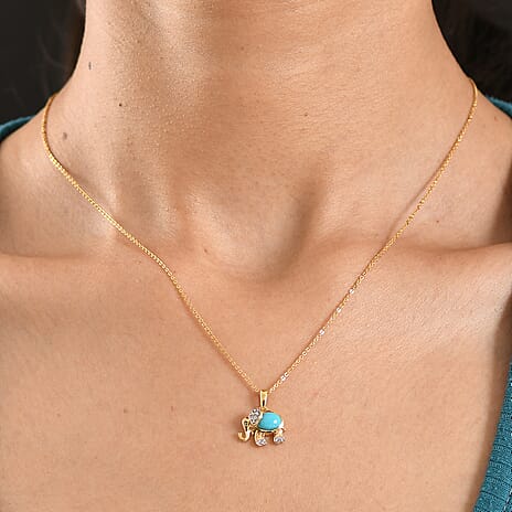 D'Joy Sleeping Beauty Turquoise & White Zircon Elephant Pendant with Chain (Size 20) in Yellow Gold Plated Sterling Silver 1.00 Ct.