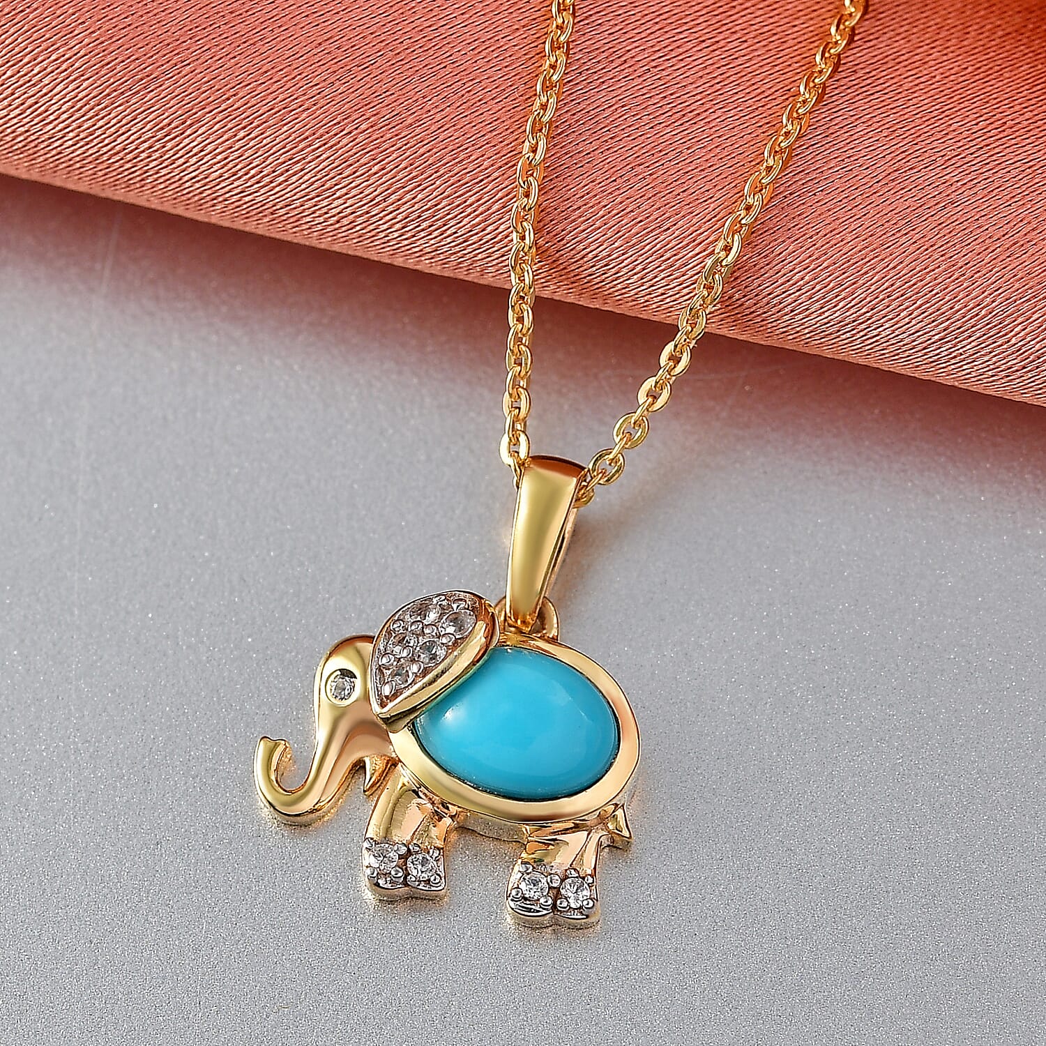 D'Joy Sleeping Beauty Turquoise & White Zircon Elephant Pendant with Chain (Size 20) in Yellow Gold Plated Sterling Silver 1.00 Ct.