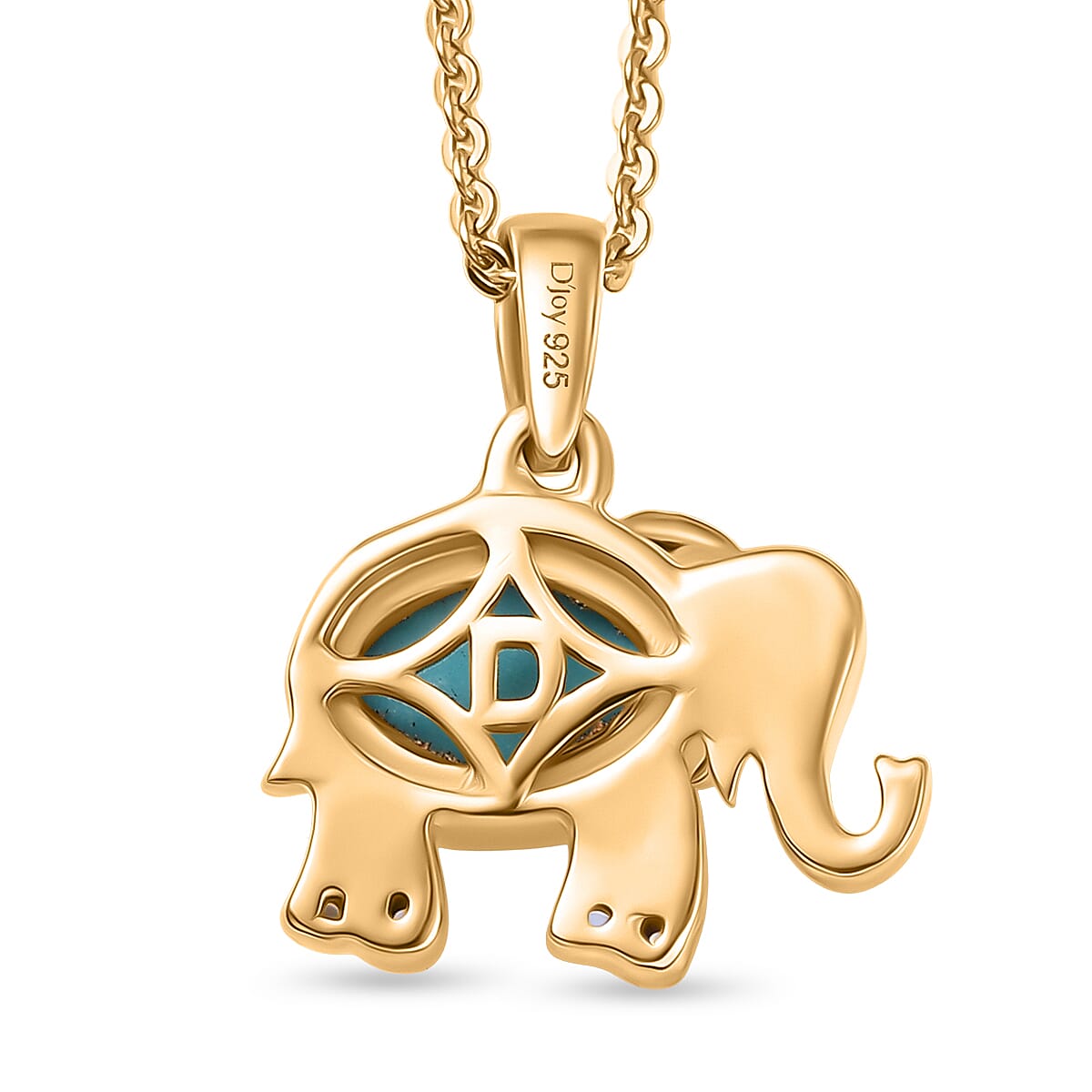 D'Joy Sleeping Beauty Turquoise & White Zircon Elephant Pendant with Chain (Size 20) in Yellow Gold Plated Sterling Silver 1.00 Ct.