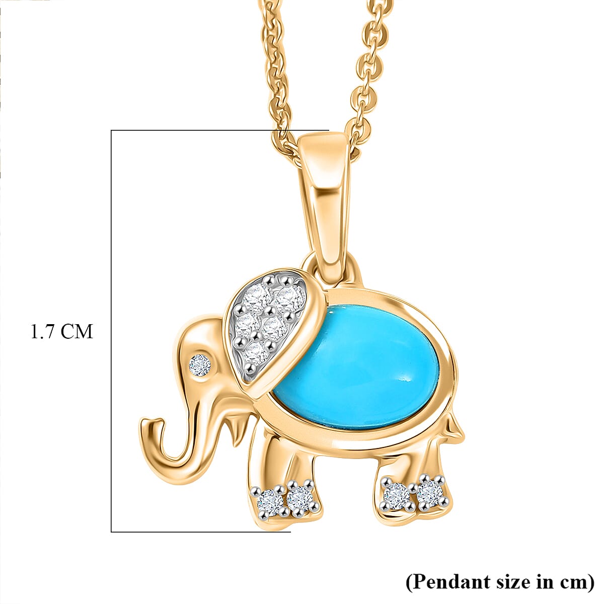 D'Joy Sleeping Beauty Turquoise & White Zircon Elephant Pendant with Chain (Size 20) in Yellow Gold Plated Sterling Silver 1.00 Ct.