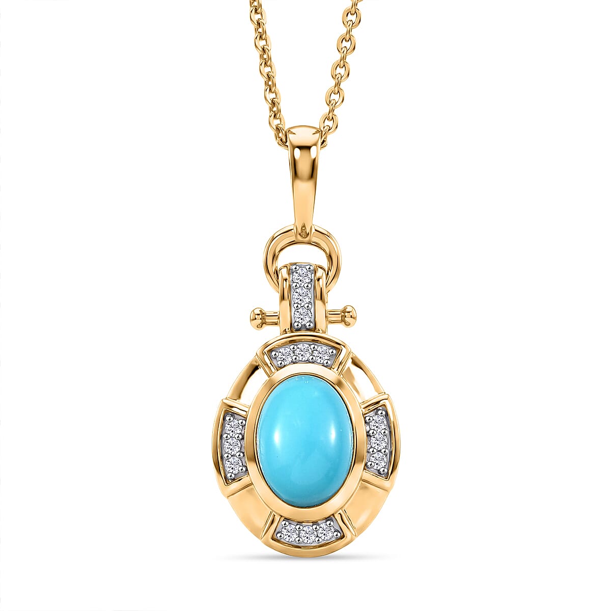 D'Joy Sleeping Beauty Turquoise & White Zircon Pendant with Chain (Size 20) in Yellow Gold Plated Sterling Silver 1.00  Ct.