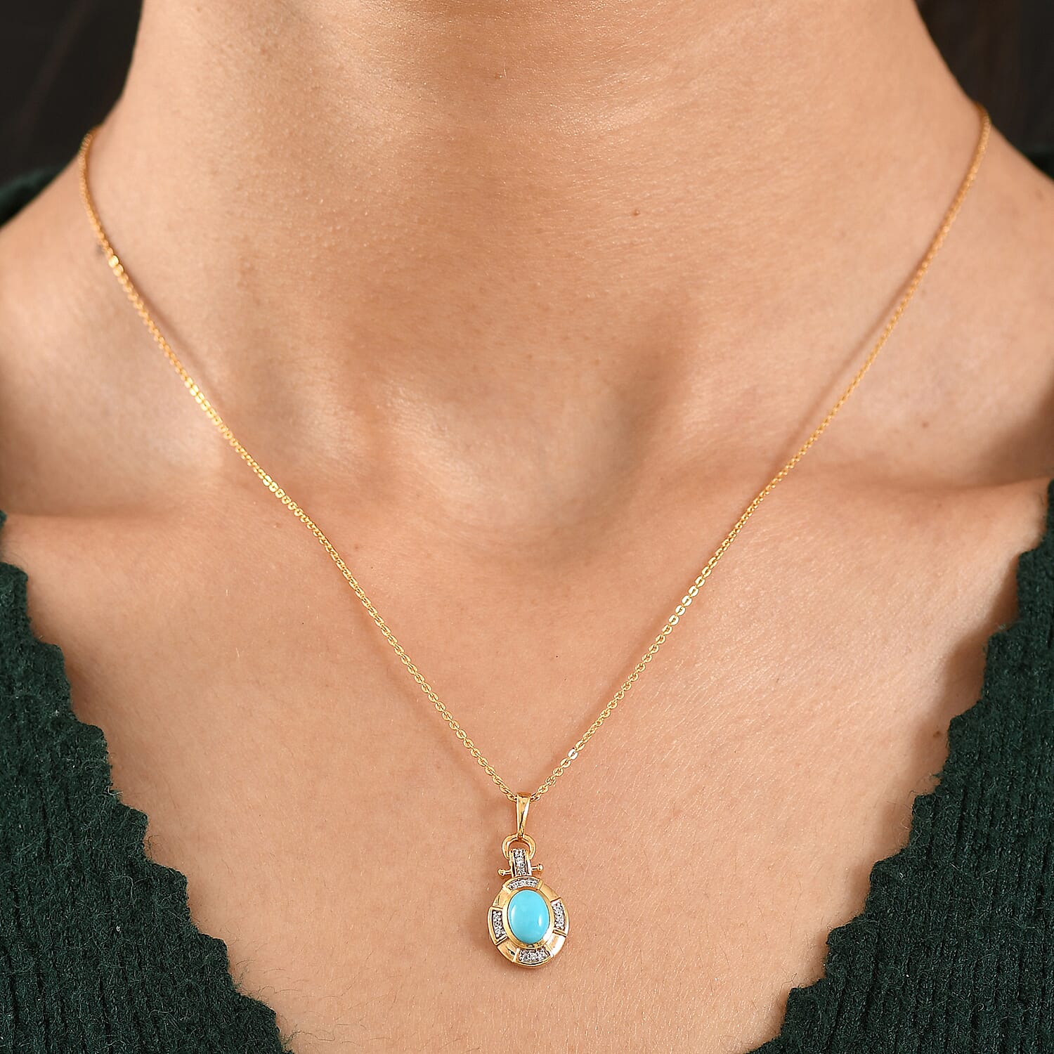 D'Joy Sleeping Beauty Turquoise & White Zircon Pendant with Chain (Size 20) in Yellow Gold Plated Sterling Silver 1.00  Ct.