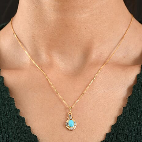 D'Joy Sleeping Beauty Turquoise & White Zircon Pendant with Chain (Size 20) in Yellow Gold Plated Sterling Silver 1.00 Ct.