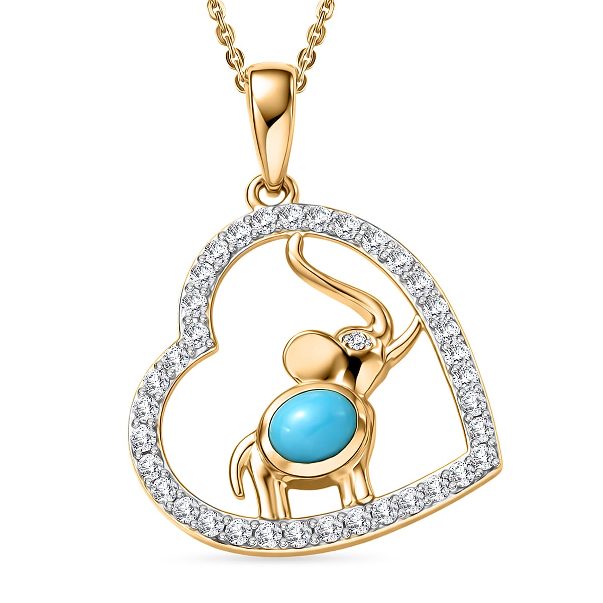 D'Joy Sleeping Beauty Turquoise & White Zircon Heart Pendant with Chain (Size 20) in Yellow Gold Plated Sterling Silver 1.15 Ct.