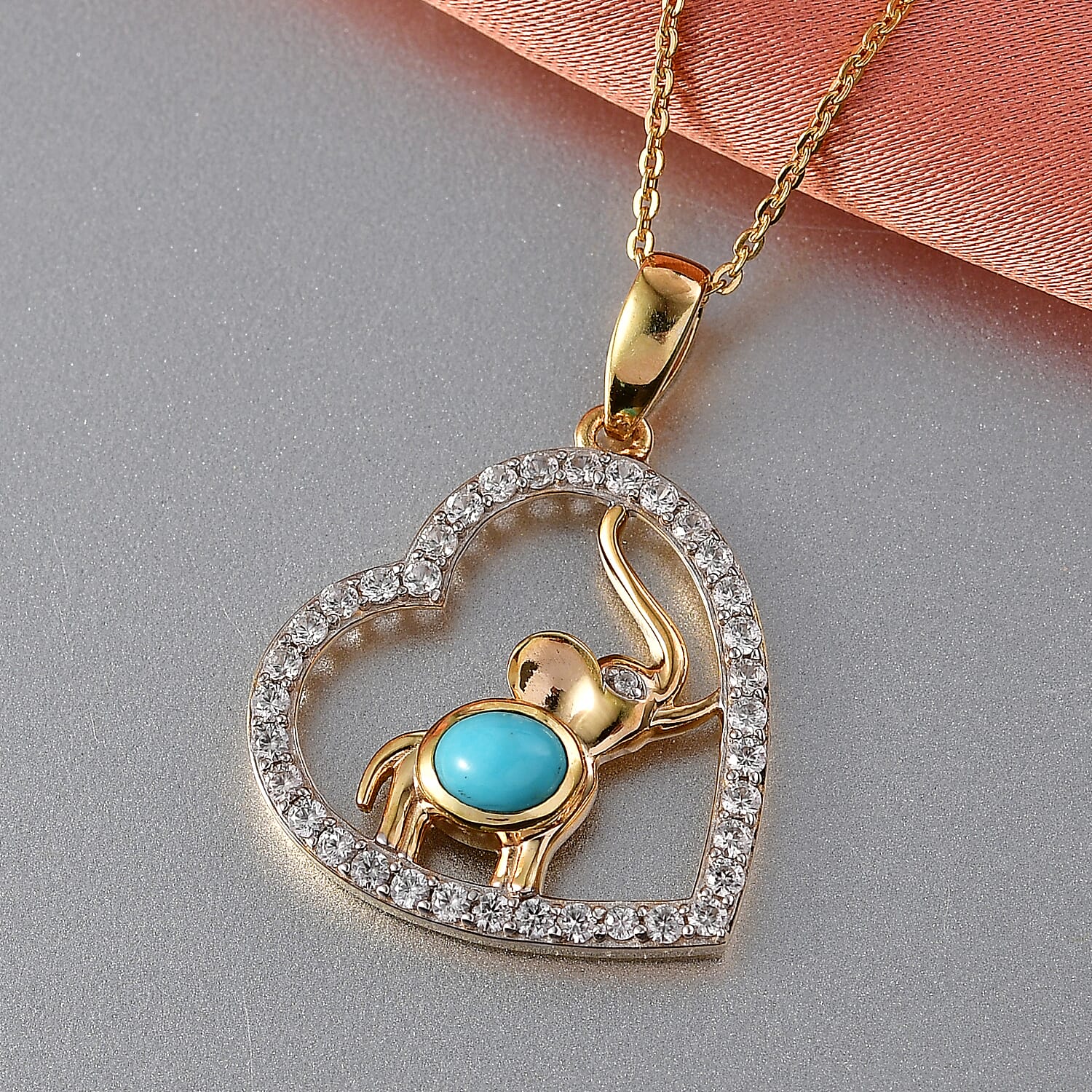D'Joy Sleeping Beauty Turquoise & White Zircon Heart Pendant with Chain (Size 20) in Yellow Gold Plated Sterling Silver 1.15 Ct.