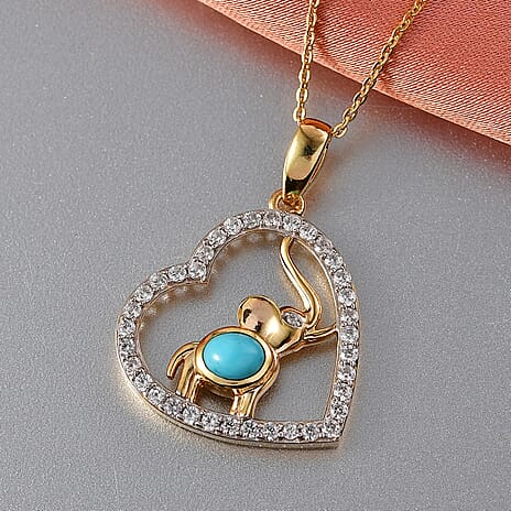 D'Joy Sleeping Beauty Turquoise & White Zircon Heart Pendant with Torn Chain (Size 20) in Yellow Gold Plated Sterling Silver 1.15 Ct.