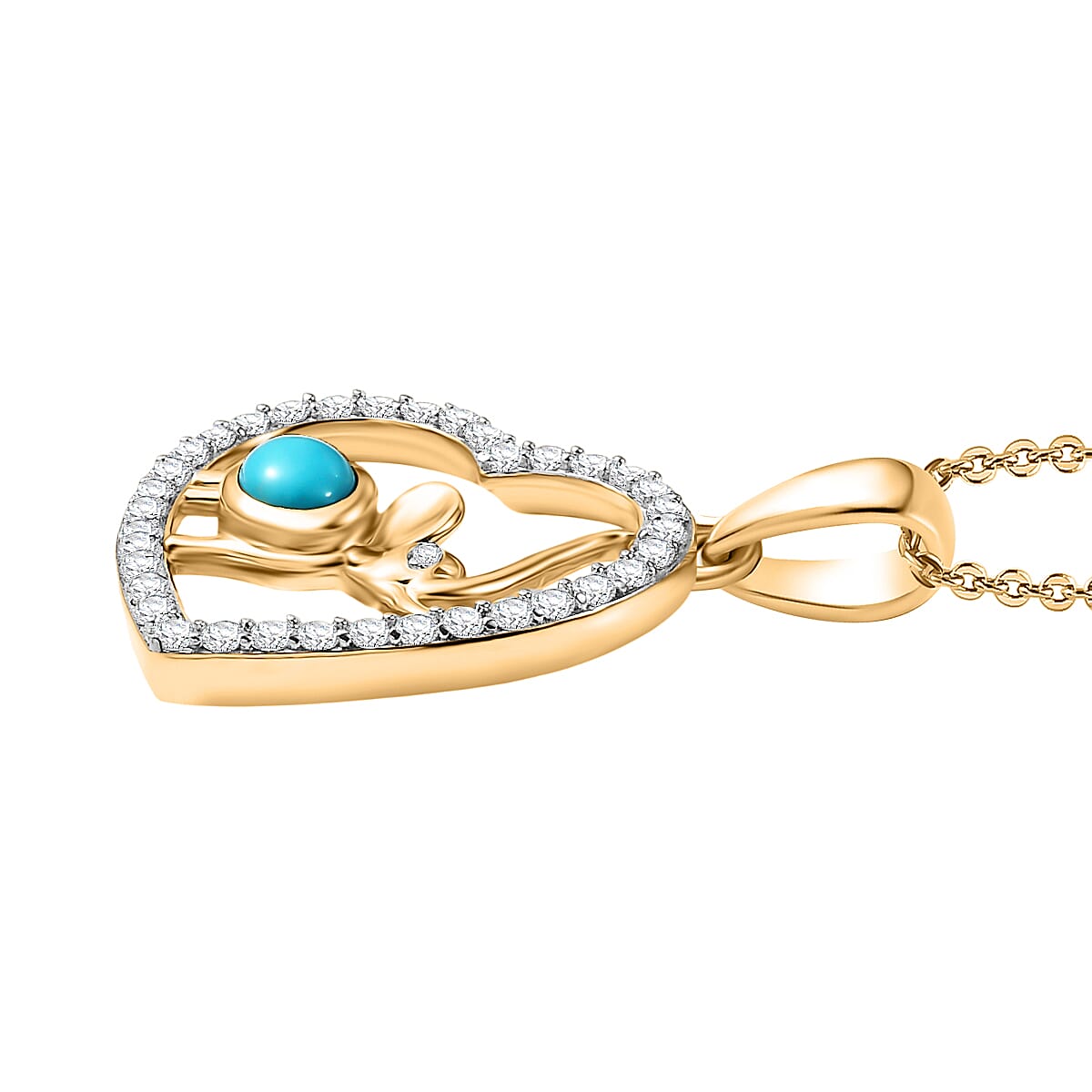 D'Joy Sleeping Beauty Turquoise & White Zircon Heart Pendant with Chain (Size 20) in Yellow Gold Plated Sterling Silver 1.15 Ct.