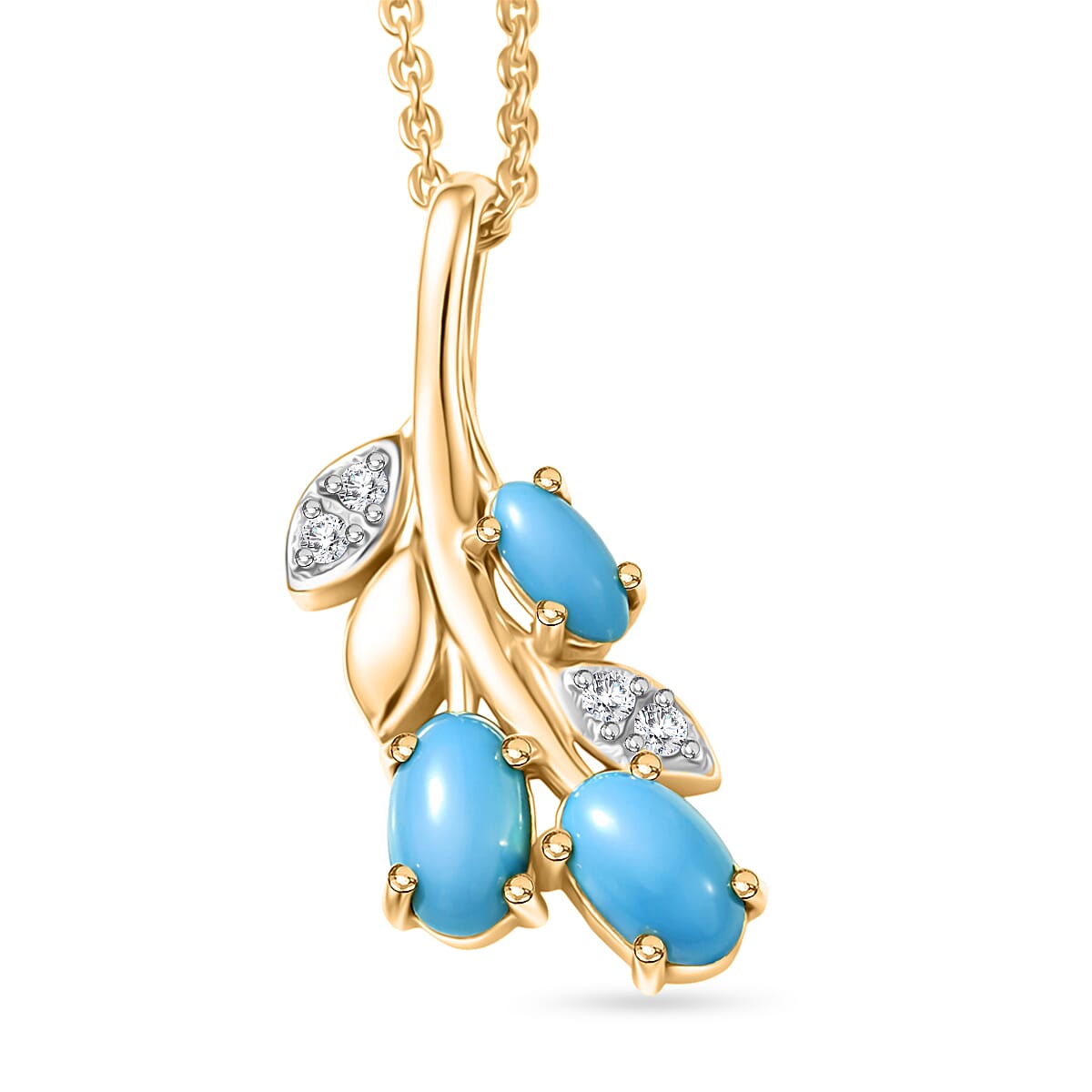 D'Joy Sleeping Beauty Turquoise & White Zircon Branch Pendant with Chain (Size 20) in Yellow Gold Plated Sterling Silver