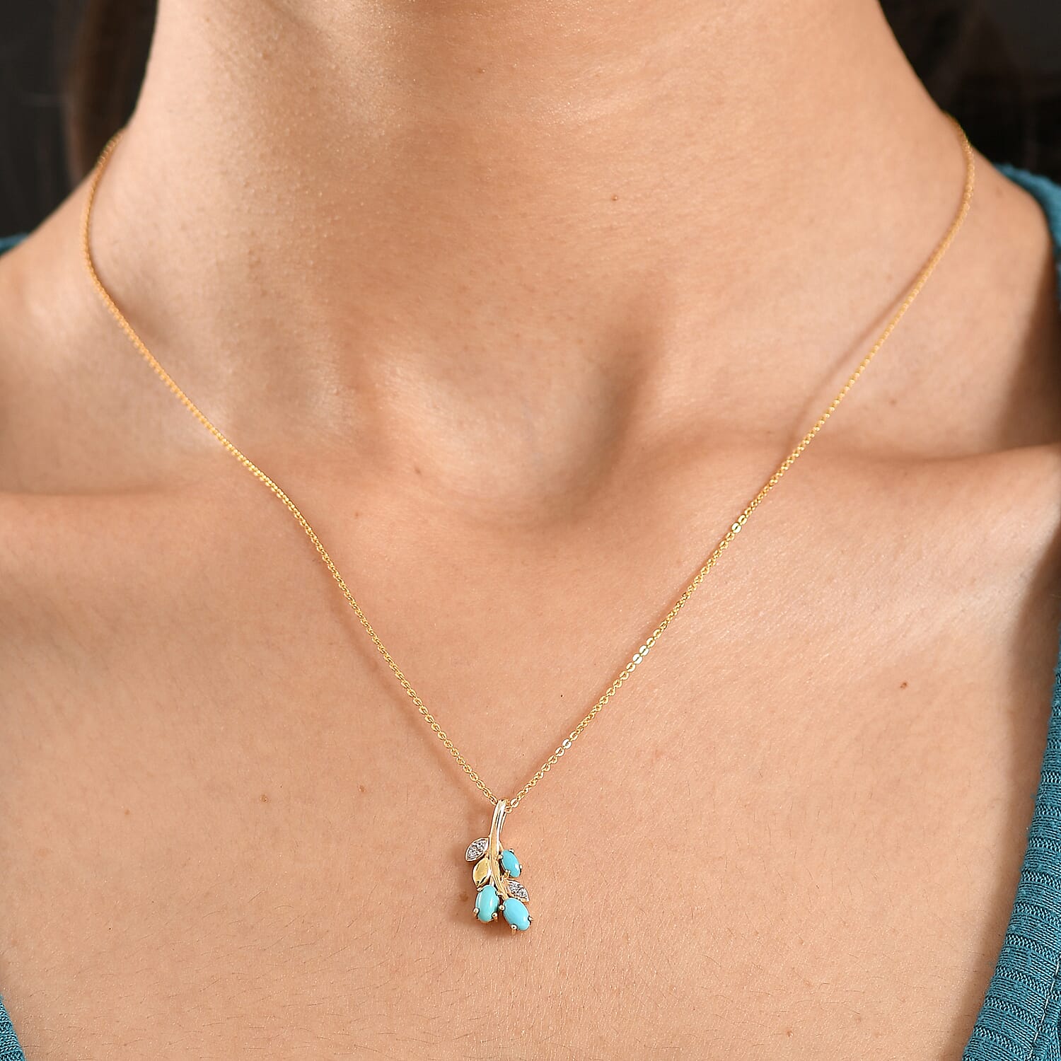 D'Joy Sleeping Beauty Turquoise & White Zircon Branch Pendant with Chain (Size 20) in Yellow Gold Plated Sterling Silver