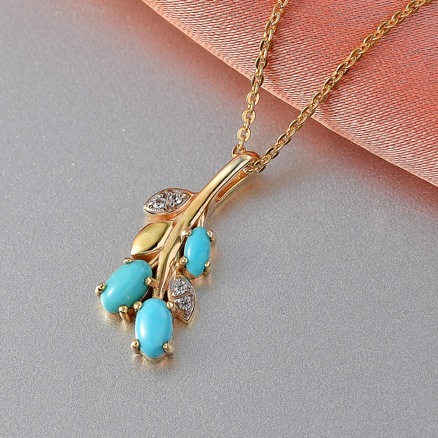 D'Joy Sleeping Beauty Turquoise & White Zircon Branch Pendant with Chain (Size 20) in Yellow Gold Plated Sterling Silver