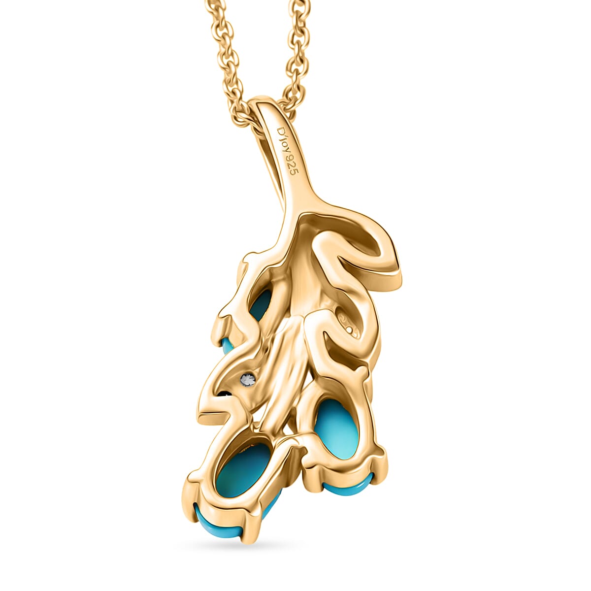 D'Joy Sleeping Beauty Turquoise & White Zircon Branch Pendant with Chain (Size 20) in Yellow Gold Plated Sterling Silver