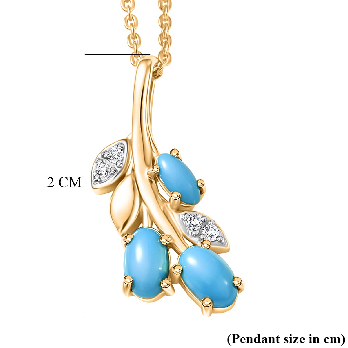 D'Joy Sleeping Beauty Turquoise & White Zircon Branch Pendant with Chain (Size 20) in Yellow Gold Plated Sterling Silver