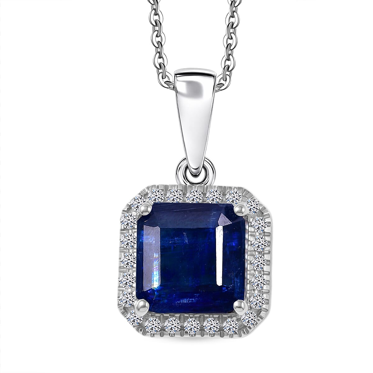 Luxuriant SI-G-H Lab Grown Diamond & Kyanite Octagon Cut Halo Pendant with Chain (Size 20) in Rhodium Overlay Sterling Silver 2.21 Ct