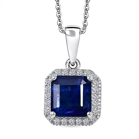 Natural Kyanite Octagon Cut & SI-G-H Lab Grown Diamond  Halo Pendant with Chain (Size 20) in Rhodium Overlay Sterling Silver 2.21 Ct