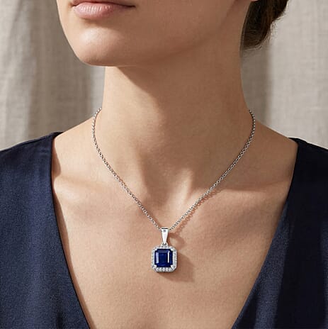 Natural Kyanite Octagon Cut & SI-G-H Lab Grown Diamond  Halo Pendant with Chain (Size 20) in Rhodium Overlay Sterling Silver 2.21 Ct