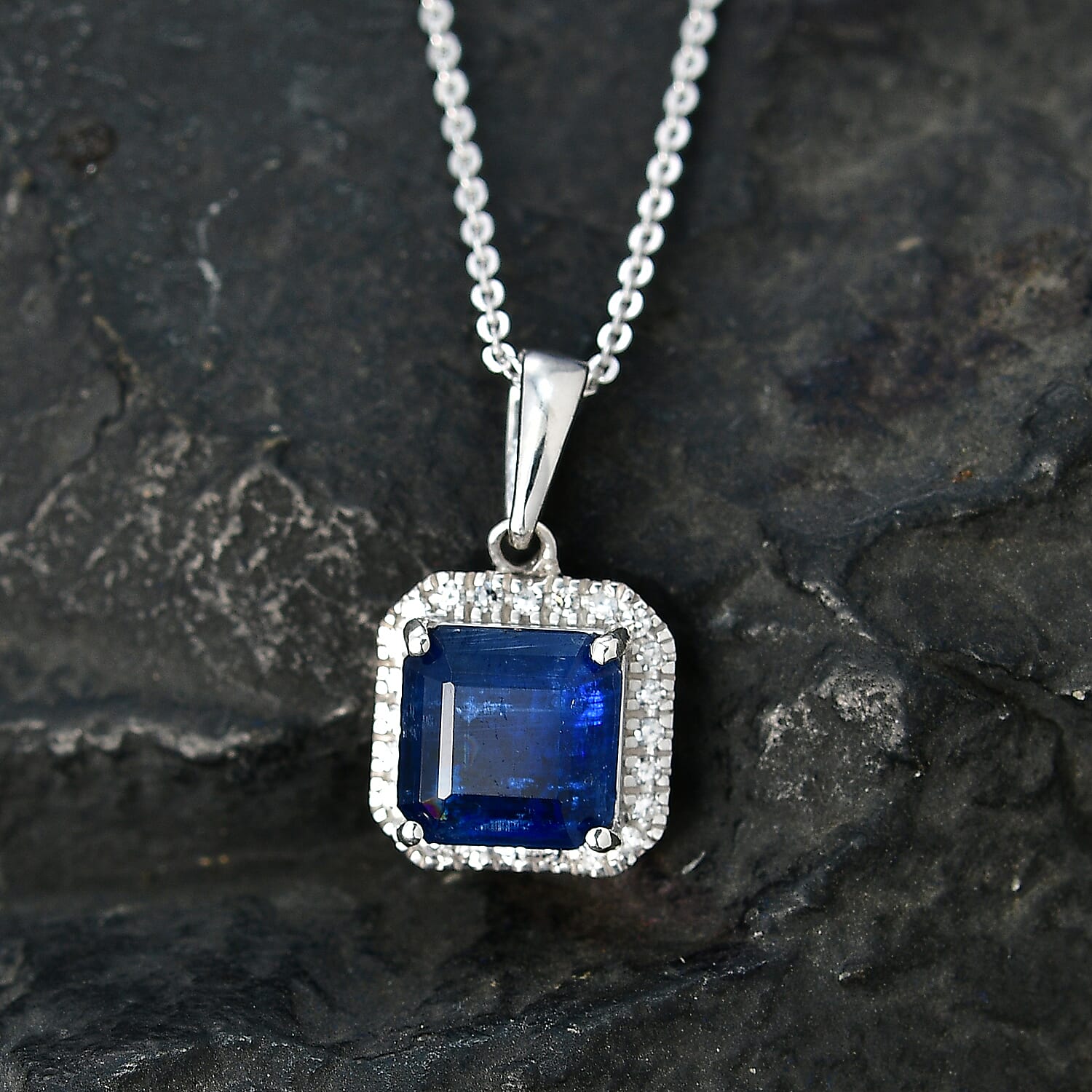 Luxuriant SI-G-H Lab Grown Diamond & Kyanite Octagon Cut Halo Pendant with Chain (Size 20) in Rhodium Overlay Sterling Silver 2.21 Ct